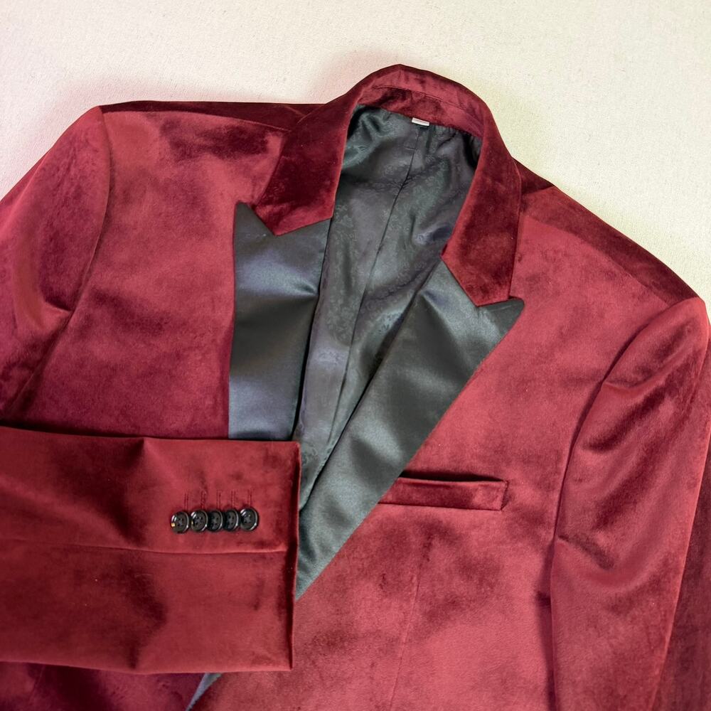 Express Men's Burgundy Velvet Blazer with Black Satin Lapel